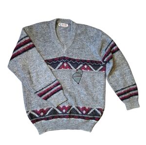 Vintage Barclay Wool Sweater Men’s L Grey Burgundy Aztec Hot Air Balloon 80s 90s